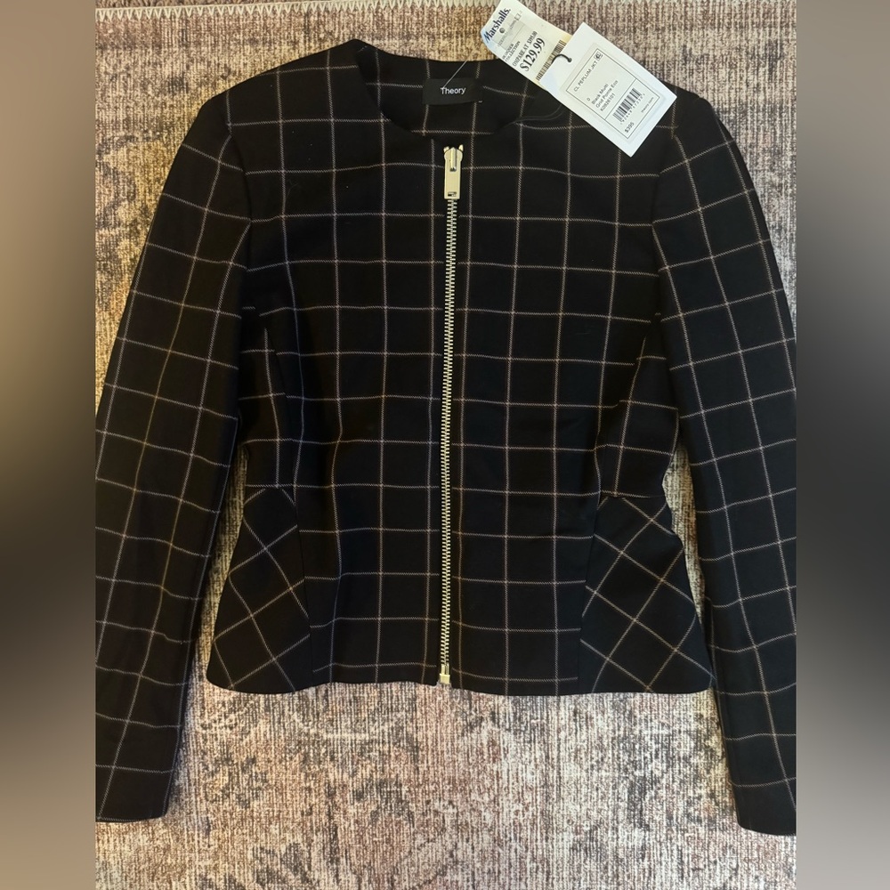 Theory Eco Ponte Grid Zip Peplum Jacket NWT Size 0 Black Multi